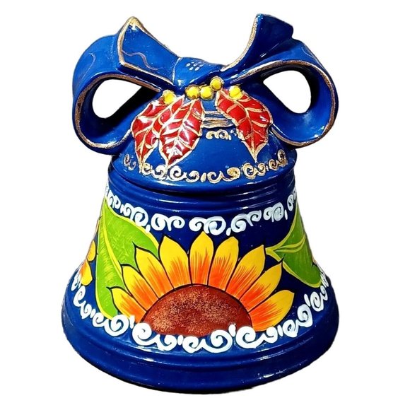 Cobalt Blue Mexican Talavera Sunflowe Bell Pottery Kitchen Canister Cookie Jar - Picture 2 of 8